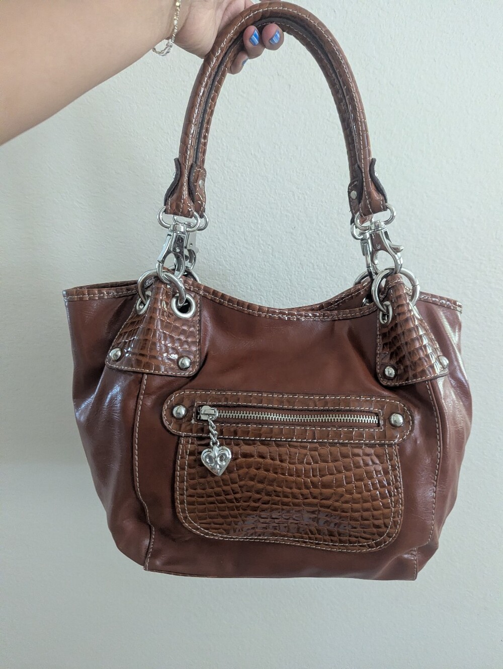 Kathy Van Zeeland Brown Croc-Accent Shoulder Bag